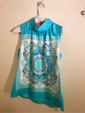 Vineyard Vines Turquoise and Aqua Medallion Silk-Feel Sleeveless Top Sz 6